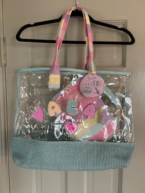 Clear Beach Vacay Bag 3 piece set w/brush & wristlet NEW